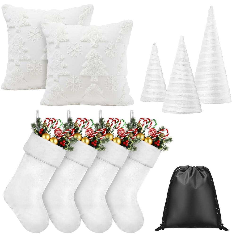 White Christmas Decorations Set 9 Piece Farmhouse Stockings Pillows Tabletop